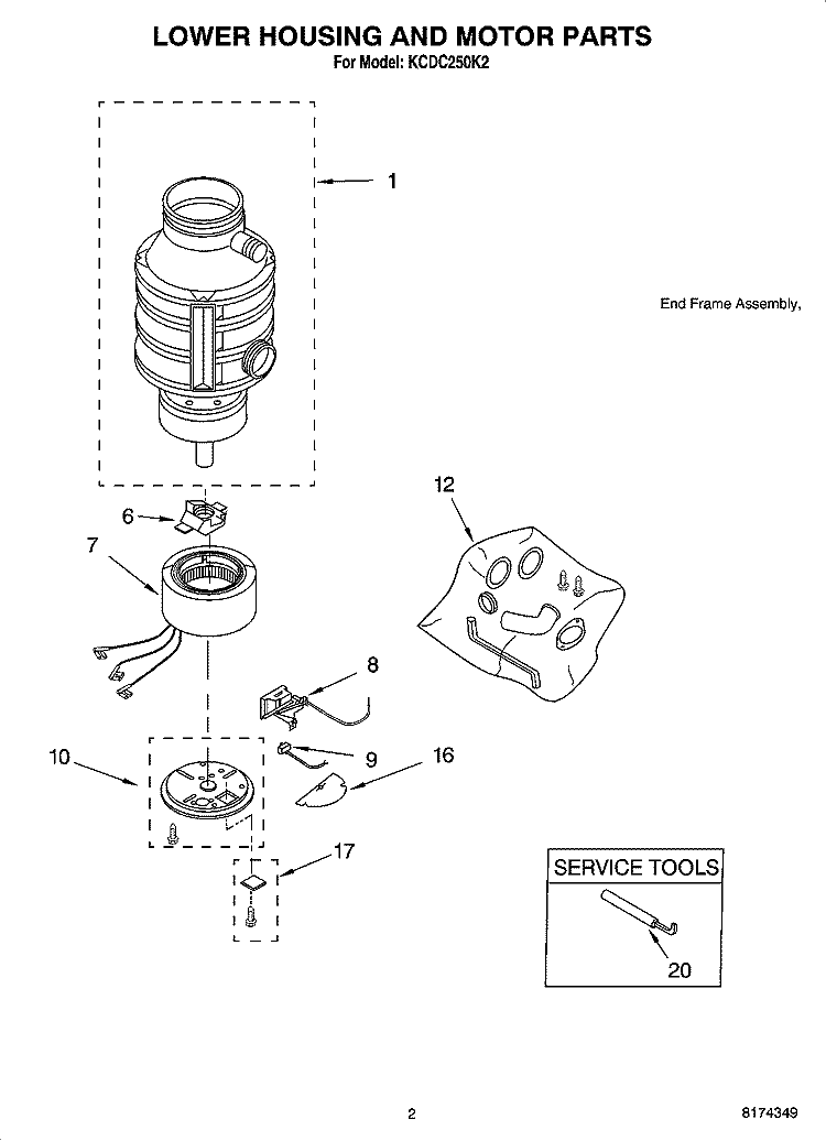LOWER HOUSING AND MOTOR PARTS Diagram and Parts List for KCDC250K2  KitchenAid Food Waste Disposer