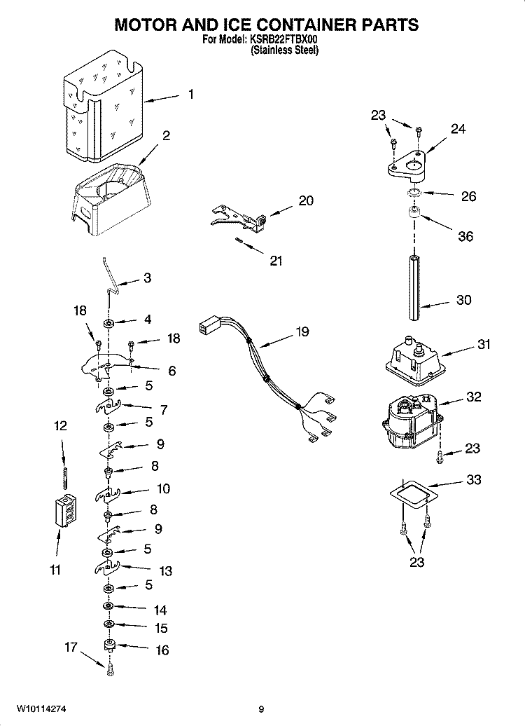 MOTOR AND ICE CONTAINER PARTS Diagram and Parts List for KSRB22FTBX00  KitchenAid Refrigerator