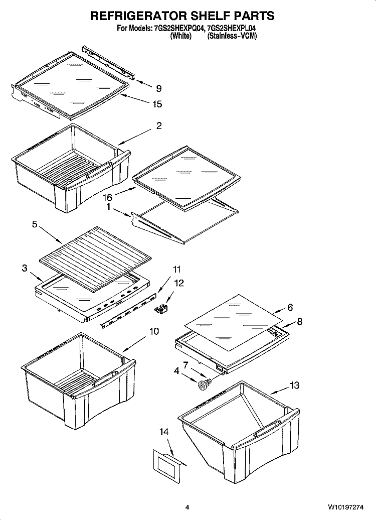 REFRIGERATOR SHELF PARTS Diagram and Parts List for 7GS2SHEXPQ04  Whirlpool Refrigerator