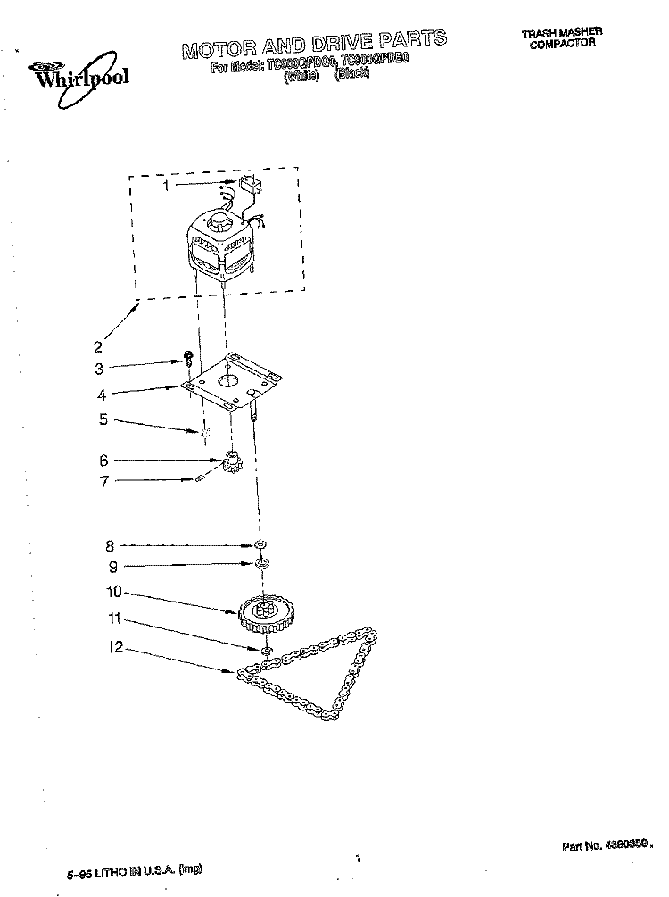 MOTOR AND DRIVE, LITERATURE Diagram and Parts List for TC900QPDB0  Whirlpool Trash Compactor