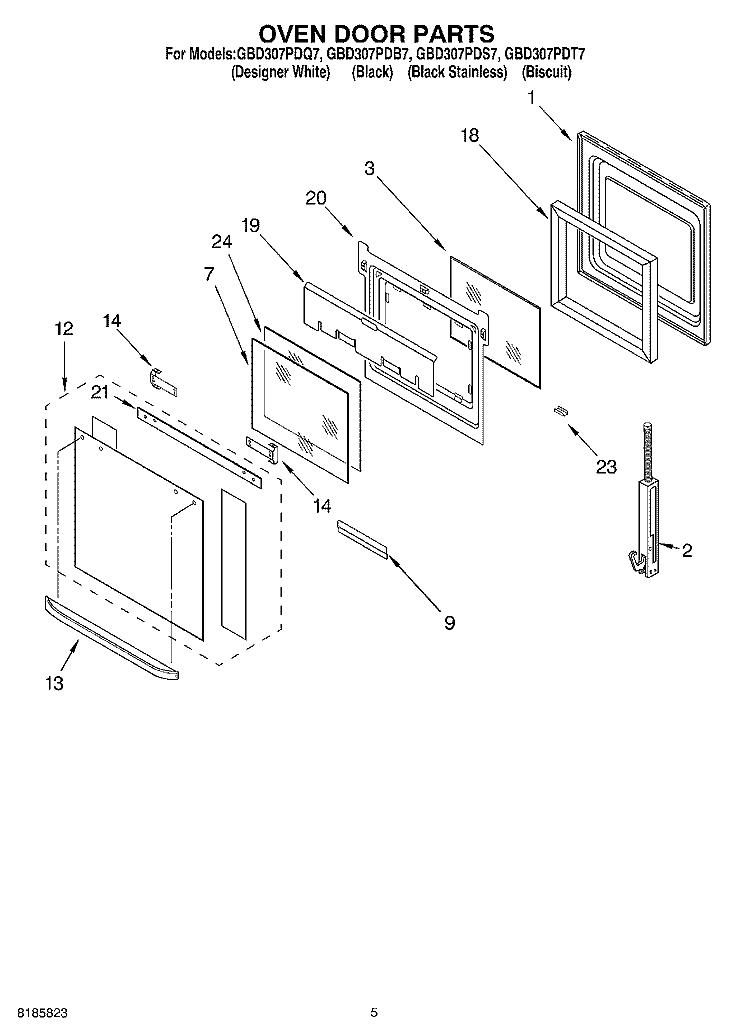 OVEN DOOR Diagram and Parts List for GBD307PDQ7  Whirlpool Wall Oven