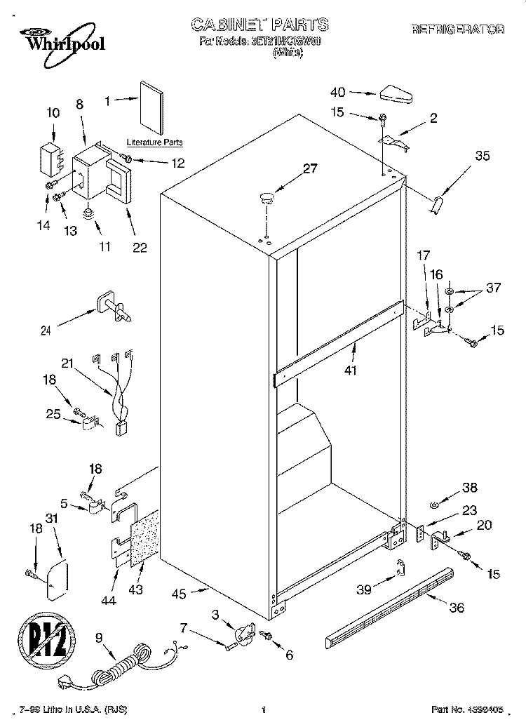 CABINET, LITERATURE Diagram and Parts List for 3ET21NKXGW00  Whirlpool Refrigerator