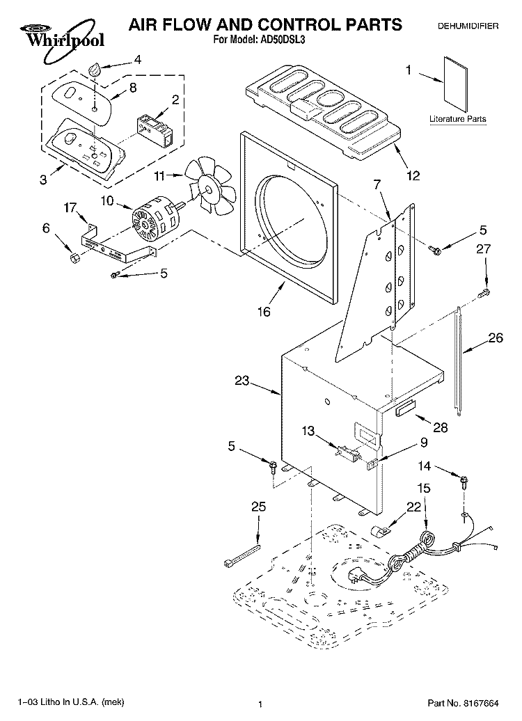 AIR FLOW AND CONTROL PARTS Diagram and Parts List for AD50DSL3  Whirlpool Dehumidifier