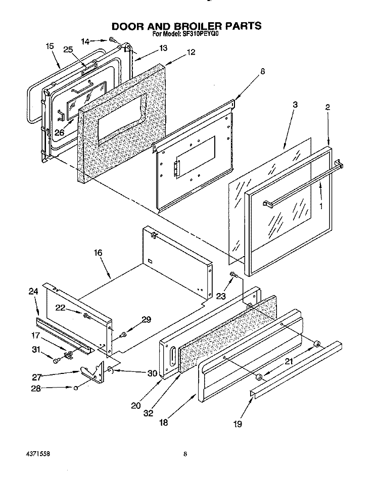 DOOR AND BROILER Diagram and Parts List for SF310PEYQ0  Whirlpool Range