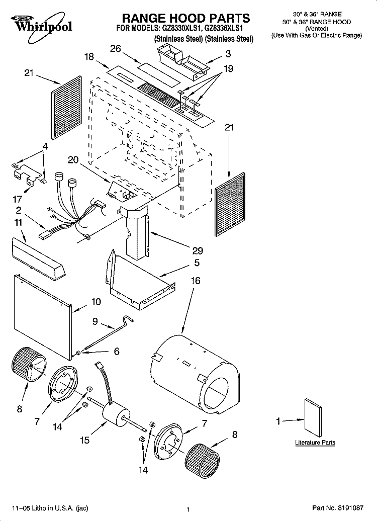 RANGE HOOD PARTS Diagram and Parts List for GZ8330XLS1  Whirlpool Range Hood