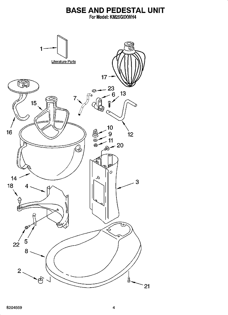 BASE AND PEDESTAL UNIT ACCESSORY PARTS Diagram and Parts List for KM25G0XWH4  KitchenAid Mixer
