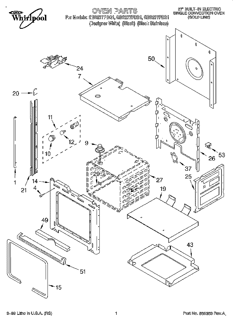 OVEN Diagram and Parts List for GBS277PDB1  Whirlpool Wall Oven