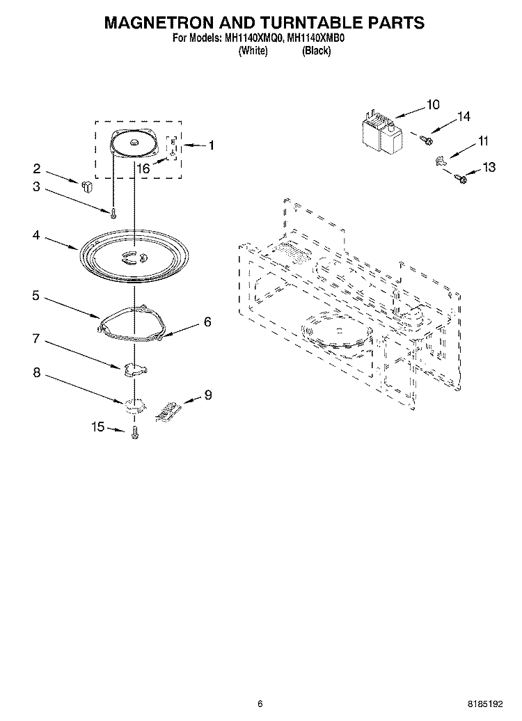 MAGNETRON AND TURNTABLE PARTS Diagram and Parts List for MH1140XMB0  Whirlpool Microwave
