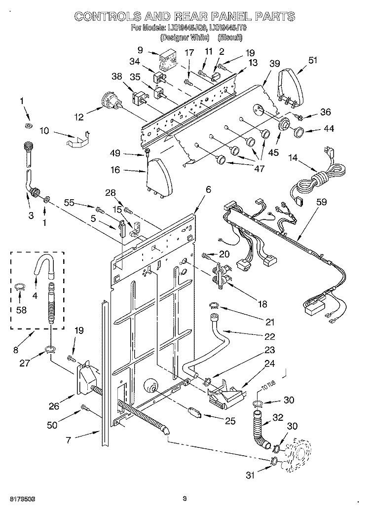 CONTROLS AND REAR PANEL Diagram and Parts List for LXR9445JT0  Whirlpool Washer
