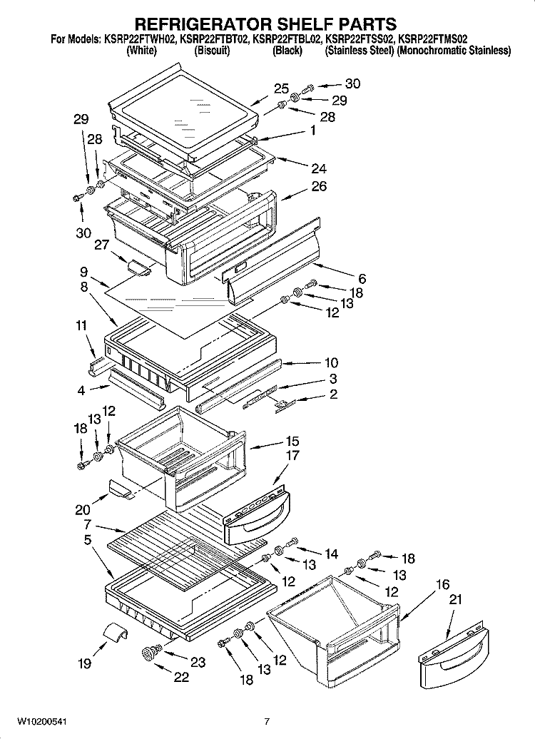 REFRIGERATOR SHELF PARTS Diagram and Parts List for KSRP22FTWH02  KitchenAid Refrigerator