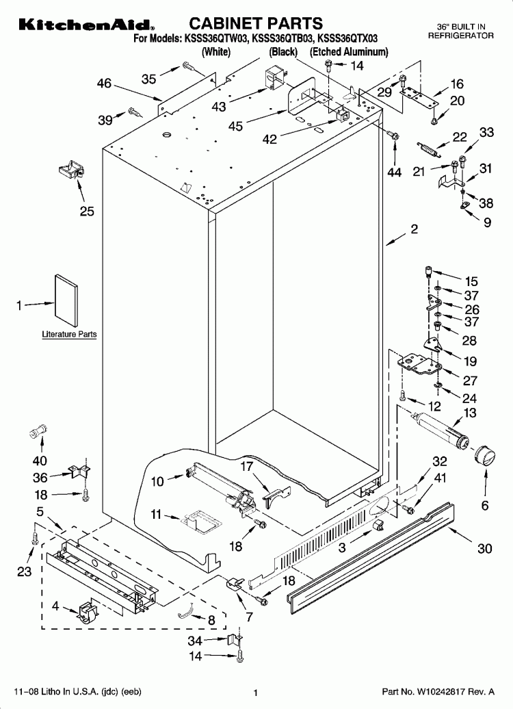 CABINET PARTS Diagram and Parts List for KSSS36QTB03  KitchenAid Refrigerator