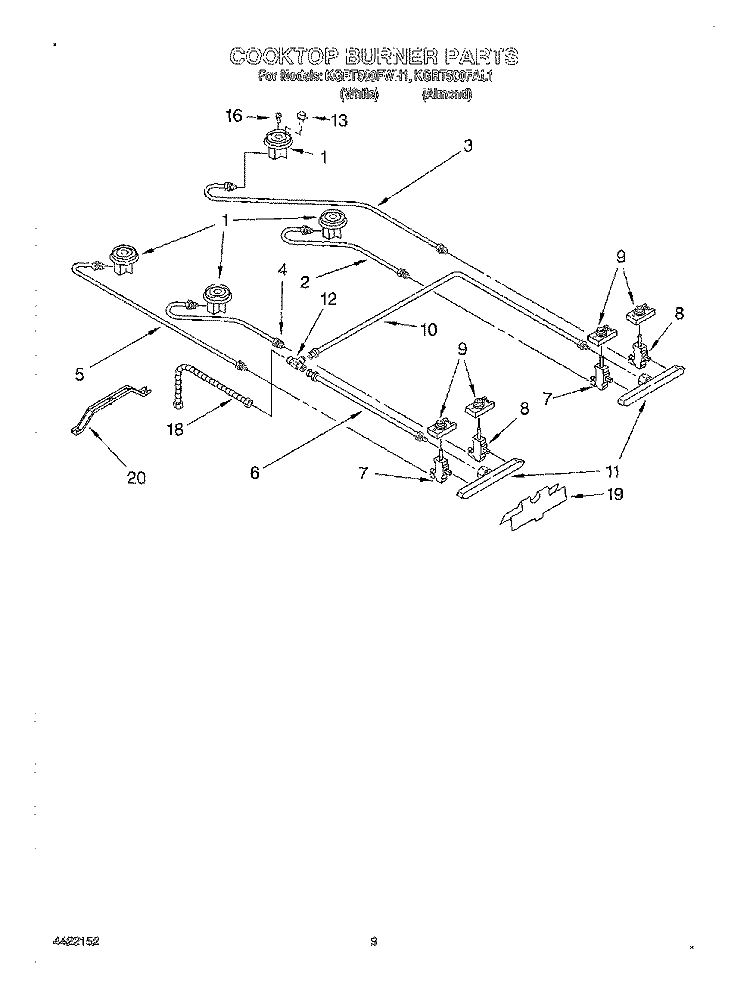 COOKTOP BURNER Diagram and Parts List for KGRT500FWH1  KitchenAid Range