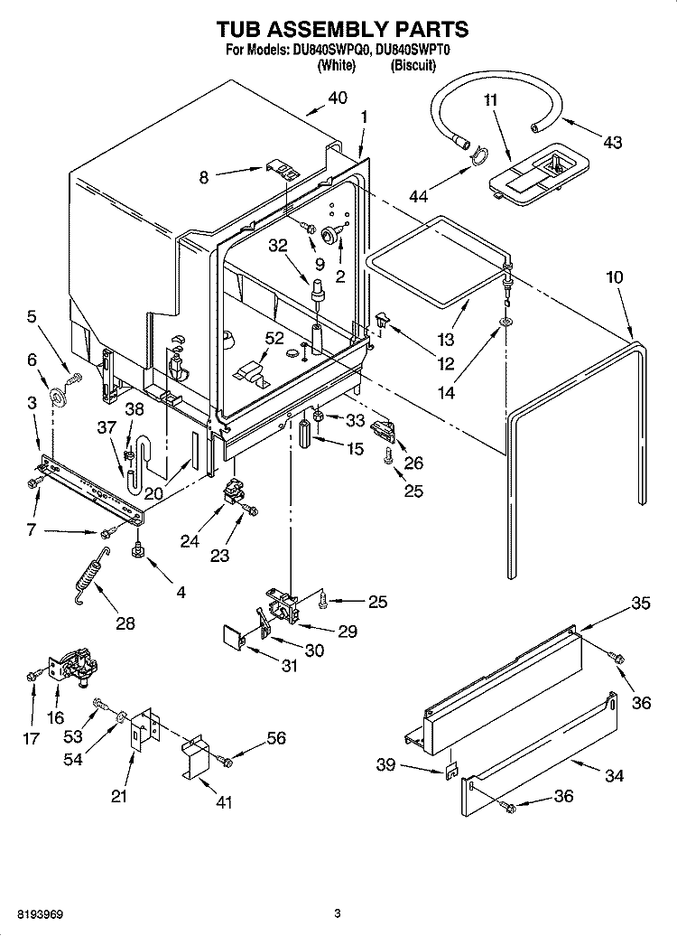 TUB ASSEMBLY PARTS Diagram and Parts List for DU840SWPQ0  Whirlpool Dishwasher
