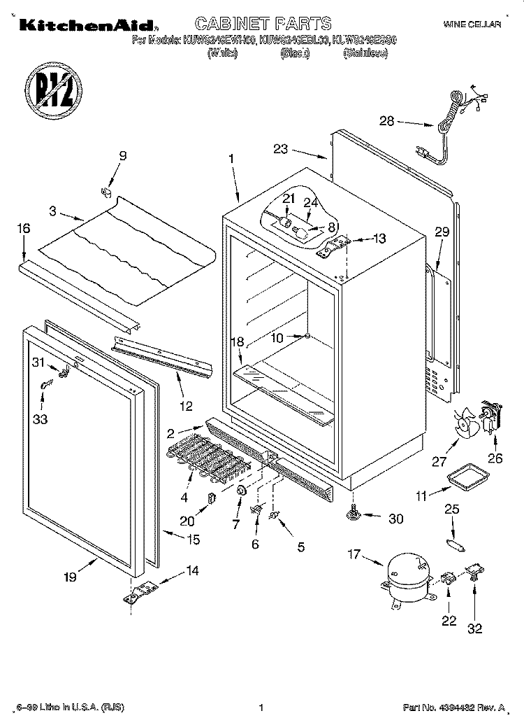 SECTION Diagram and Parts List for KUWS246EBL0  KitchenAid Wine and Beverage Cooler