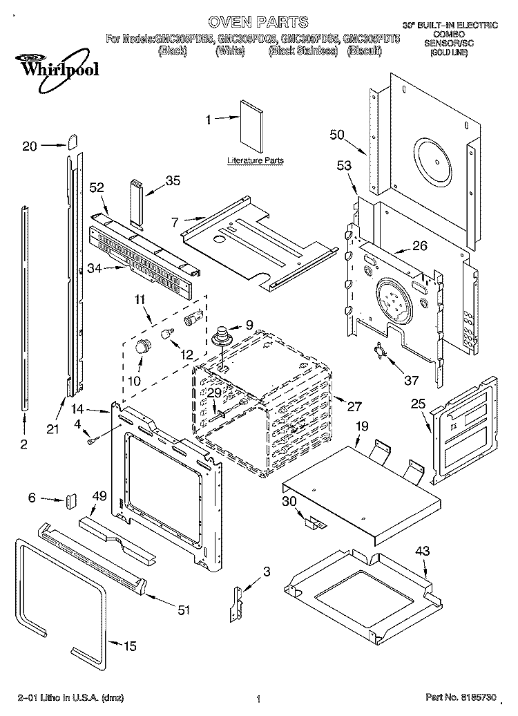 OVEN, LITERATURE Diagram and Parts List for GMC305PDS5  Whirlpool Microwave Oven Combo