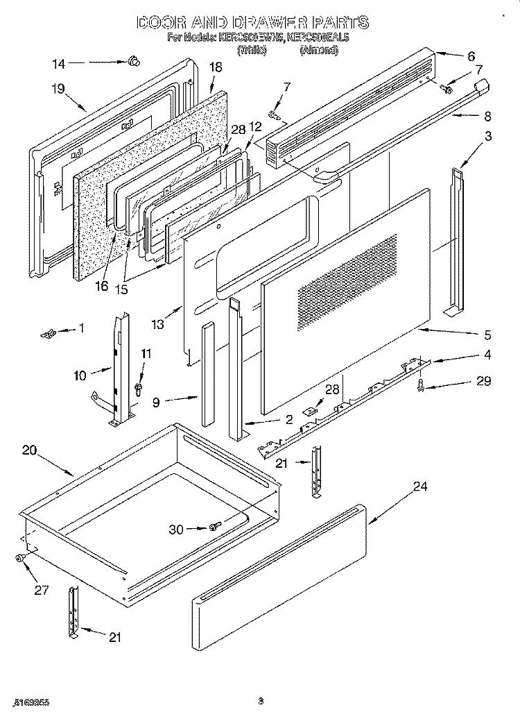 DOOR AND DRAWER Diagram and Parts List for KERC500EWH5  KitchenAid Range