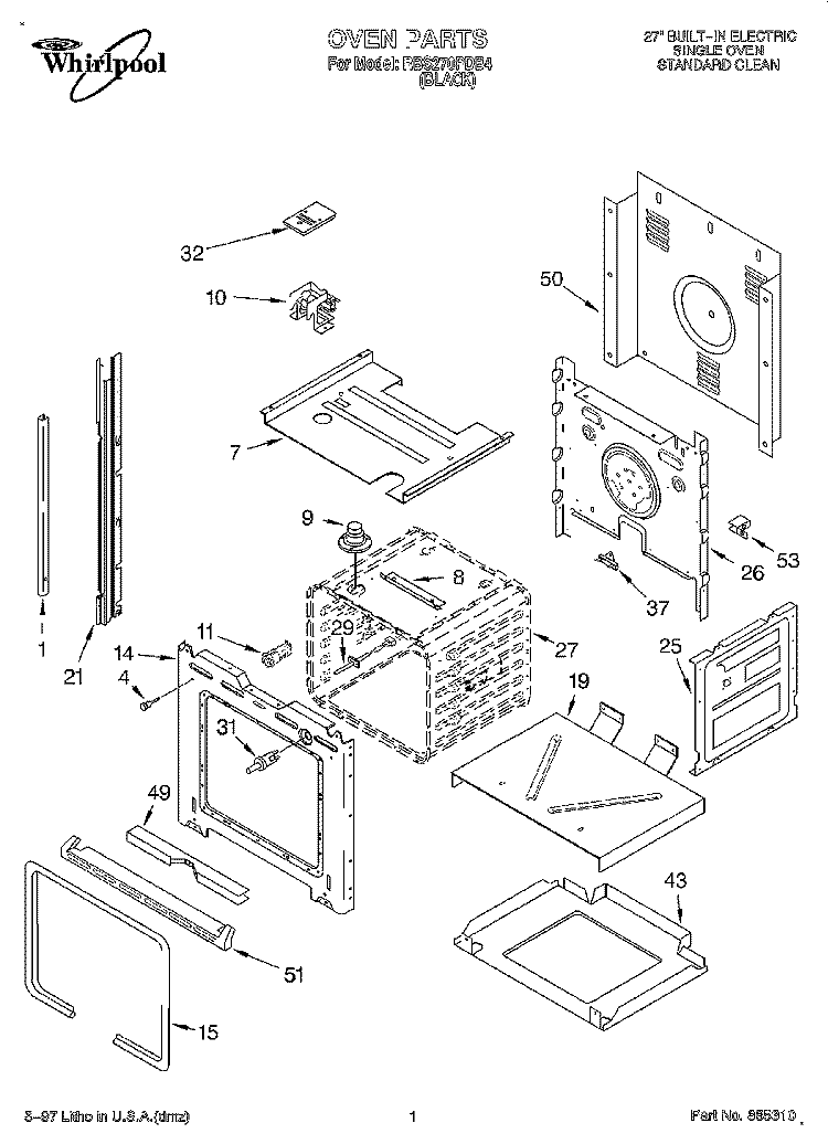 OVEN Diagram and Parts List for RBS270PDB4  Whirlpool Wall Oven
