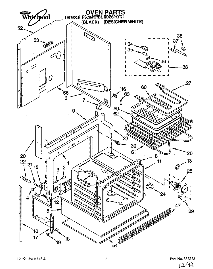 OVEN Diagram and Parts List for RS696PXYB1  Whirlpool Range