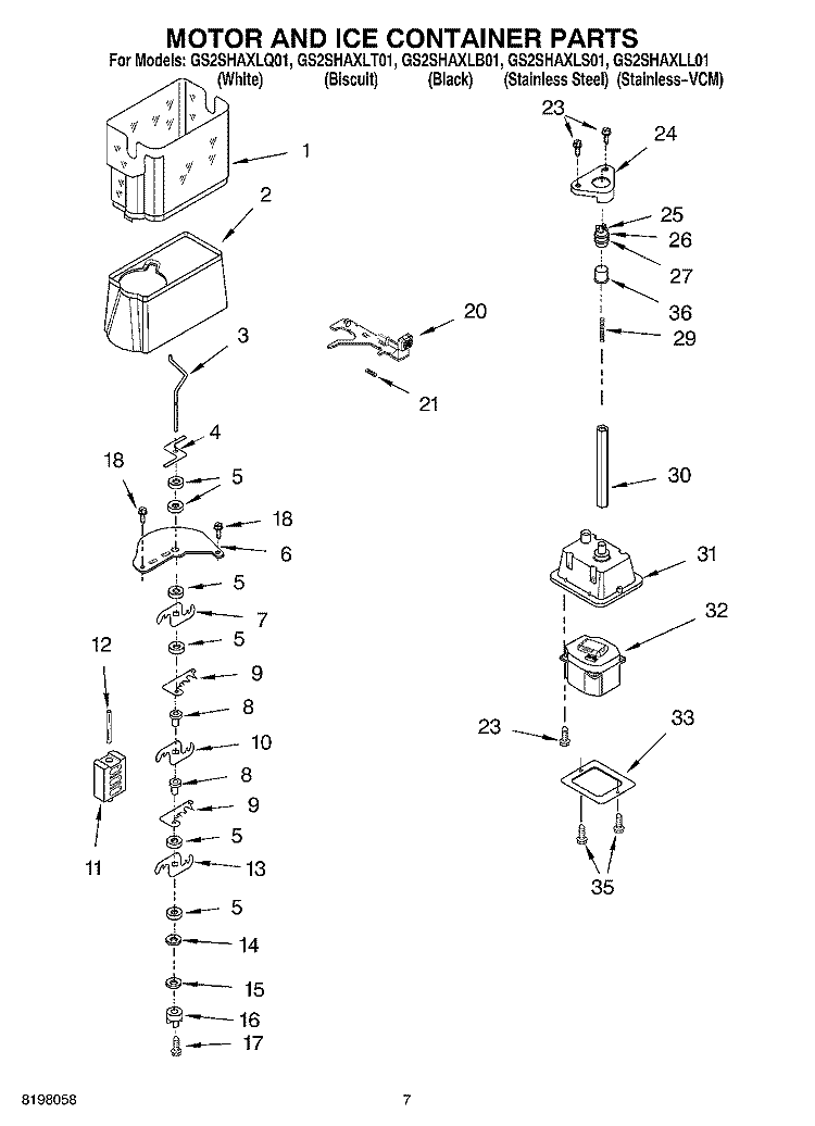 MOTOR AND ICE CONTAINER Diagram and Parts List for GS2SHAXLS01  Whirlpool Refrigerator