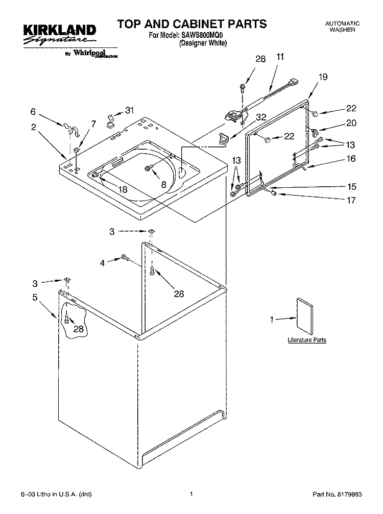 TOP AND CABINET PARTS Diagram and Parts List for SAWS800MQ0  Whirlpool Washer