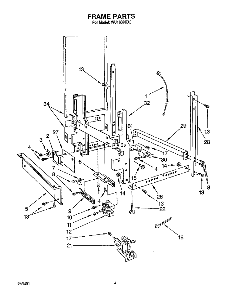 FRAME, LIT/OPTIONAL Diagram and Parts List for WU1800XX0  Roper Dishwasher