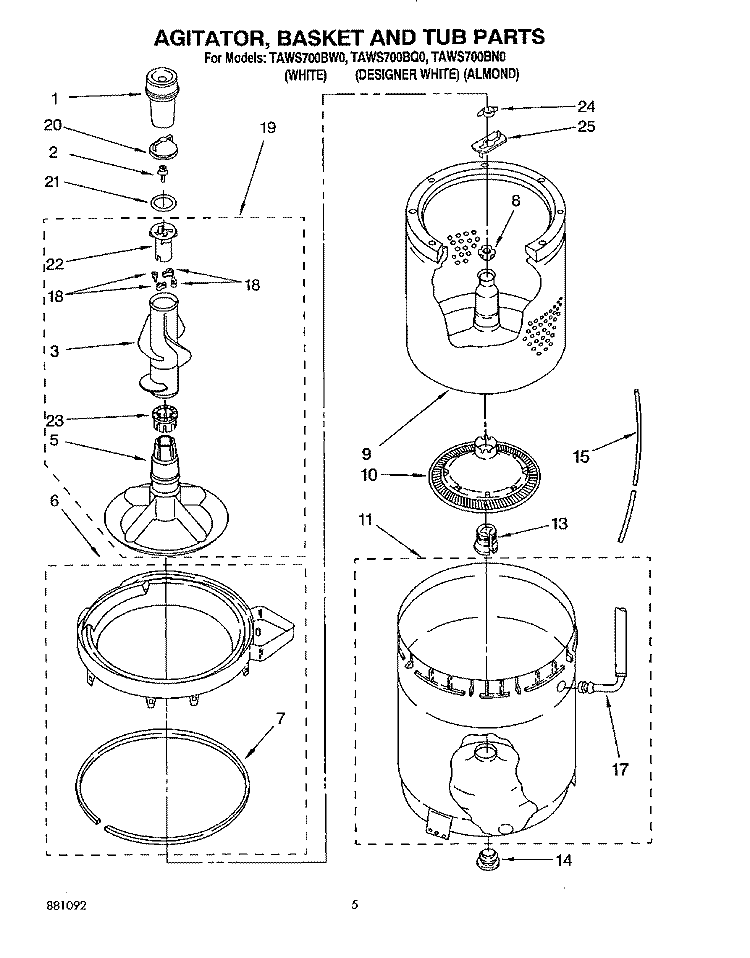 AGITATOR, BASKET AND TUB Diagram and Parts List for TAWS700BQ0  Estate Washer