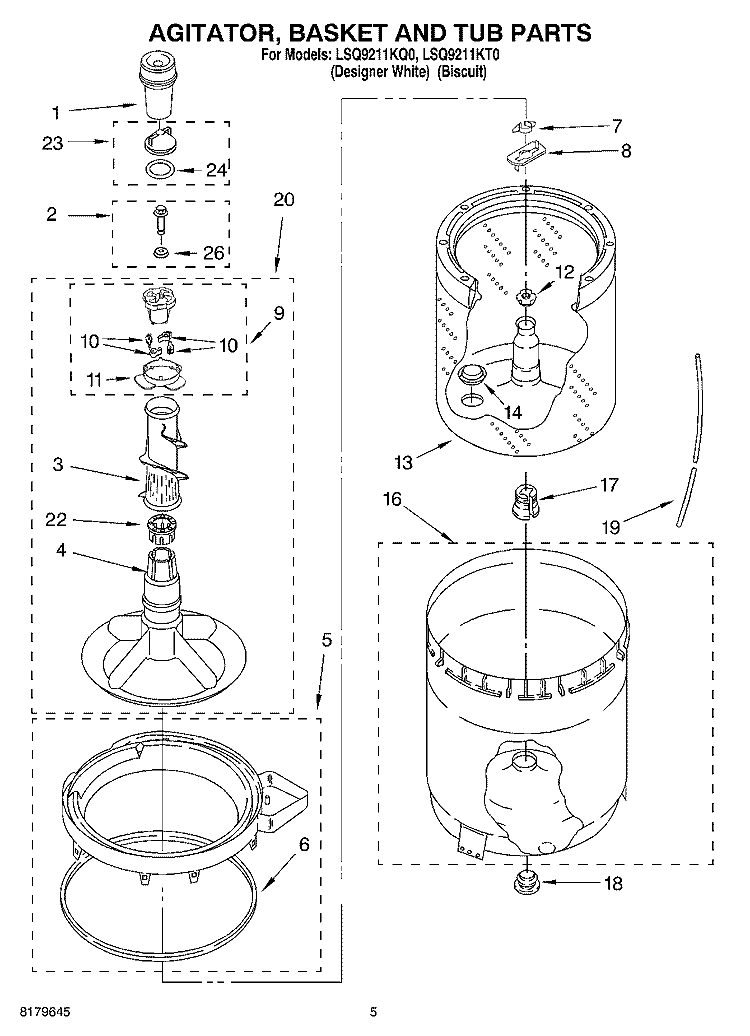 AGITATOR, BASKET AND TUB Diagram and Parts List for LSQ9211KT0  Whirlpool Washer