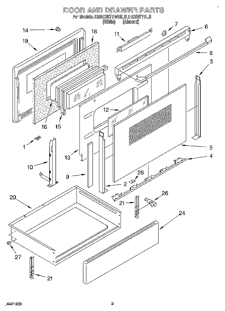 DOOR AND DRAWER Diagram and Parts List for KERC507YAL5  KitchenAid Range