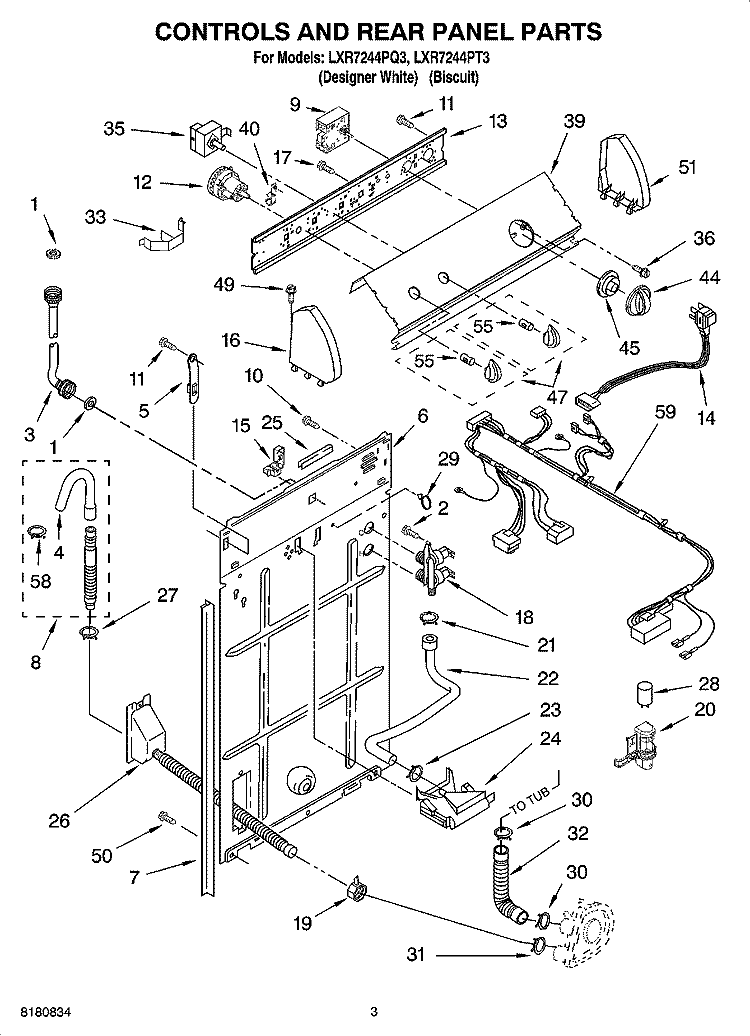 CONTROLS AND REAR PANEL PARTS Diagram and Parts List for LXR7244PQ3  Whirlpool Washer