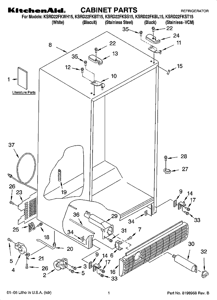 CABINET PARTS Diagram and Parts List for KSRD22FKBL15  KitchenAid Refrigerator