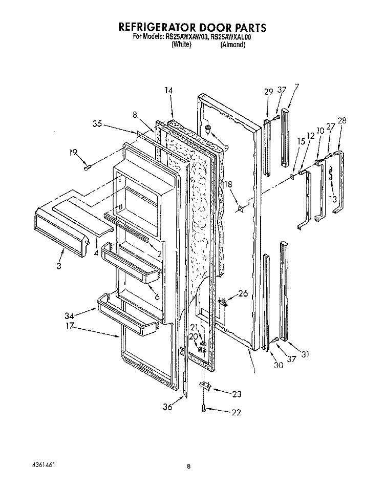 REFRIGERATOR DOOR Diagram and Parts List for RS25AWXAW00  Roper Refrigerator