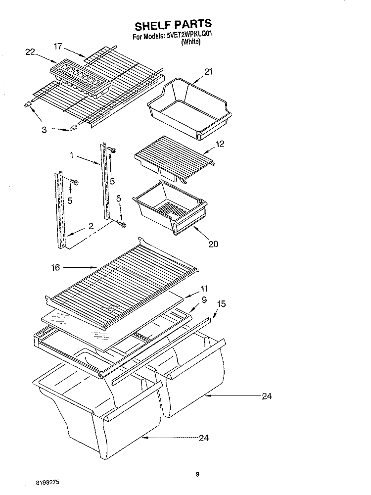 SHELF, OPTIONAL Diagram and Parts List for 5VET2WPKLQ01  Whirlpool Refrigerator