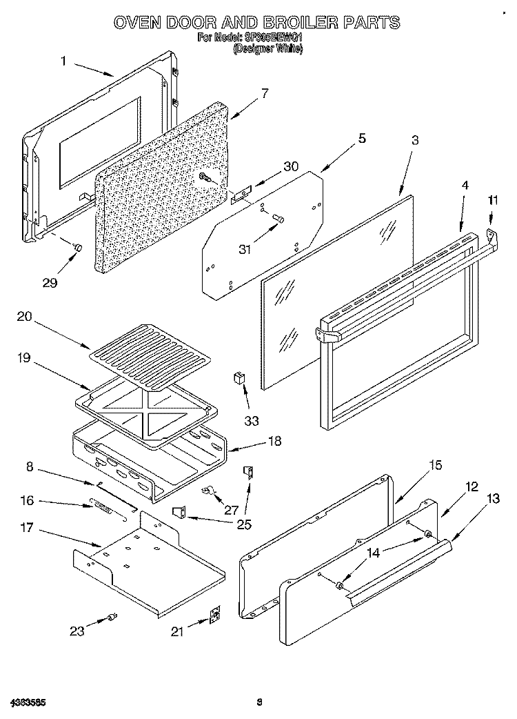 OVEN DOOR AND BROILER Diagram and Parts List for SF305BEWQ1  Whirlpool Range
