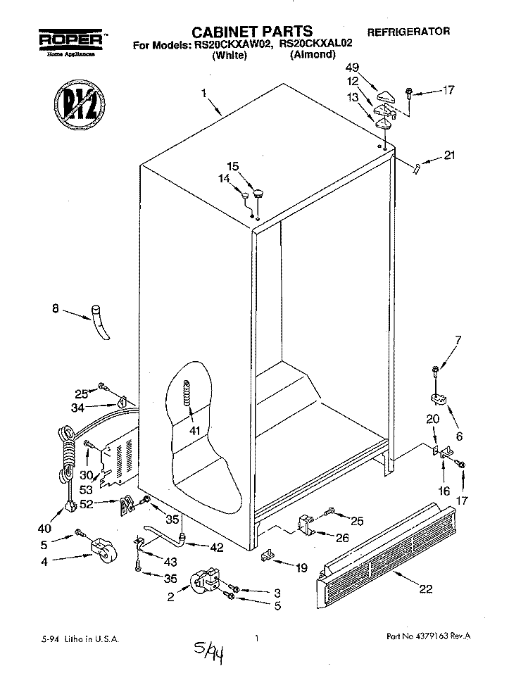CABINET Diagram and Parts List for RS20CKXAL02  Roper Refrigerator