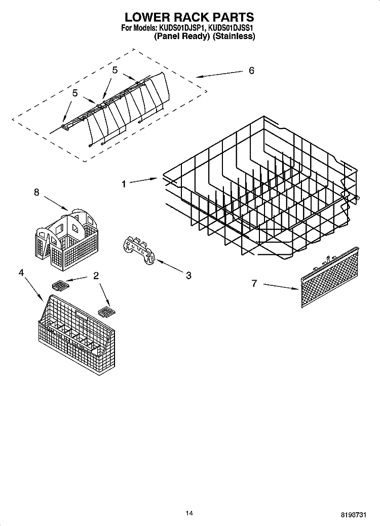 LOWER RACK PARTS Diagram and Parts List for KUDS01DJSP1  KitchenAid Dishwasher