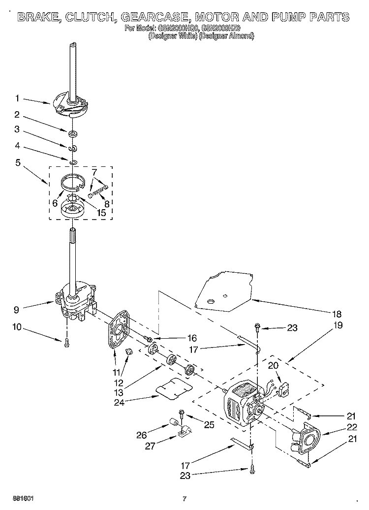 BRAKE, CLUTCH, GEARCASE, MOTOR AND PUMP Diagram and Parts List for GSN2000HZ0  Whirlpool Washer