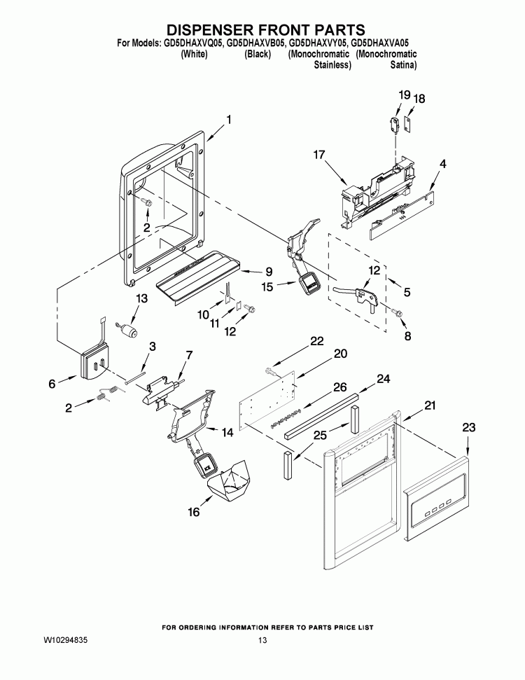 DISPENSER FRONT PARTS Diagram and Parts List for GD5DHAXVB05  Whirlpool Refrigerator
