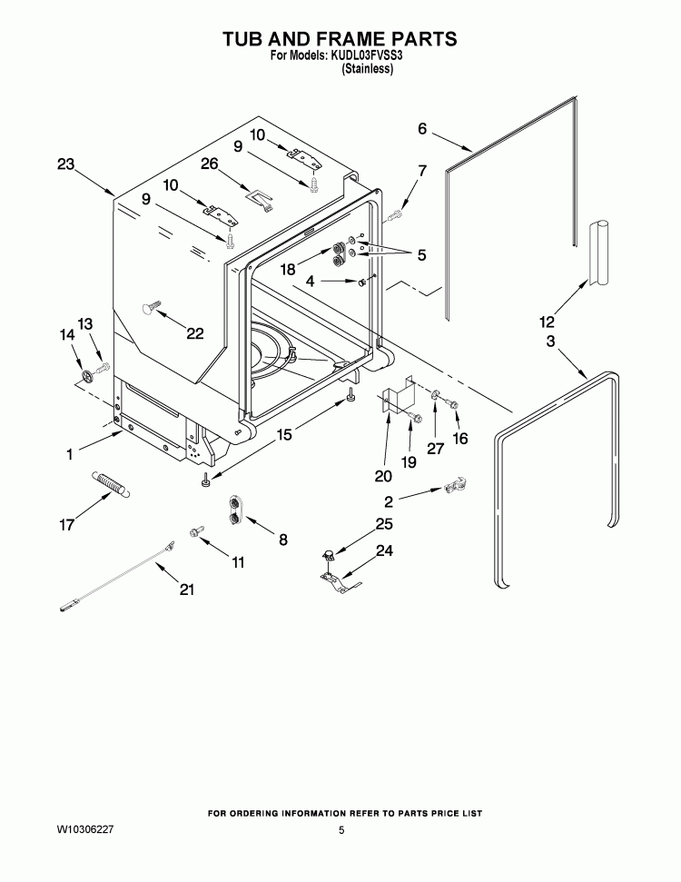 TUB AND FRAME PARTS Diagram and Parts List for KUDL03FVSS3  KitchenAid Dishwasher