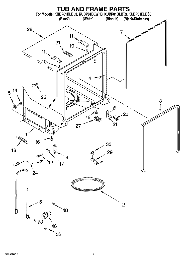 TUB AND FRAME PARTS Diagram and Parts List for KUDP01DLBL3  KitchenAid Dishwasher