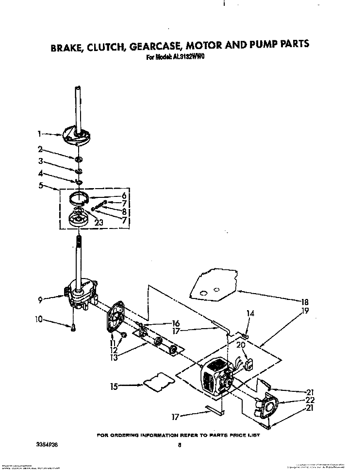 BRAKE, CLUTCH, GEARCASE, MOTOR AND PUMP Diagram and Parts List for AL3132WL0  Whirlpool Washer
