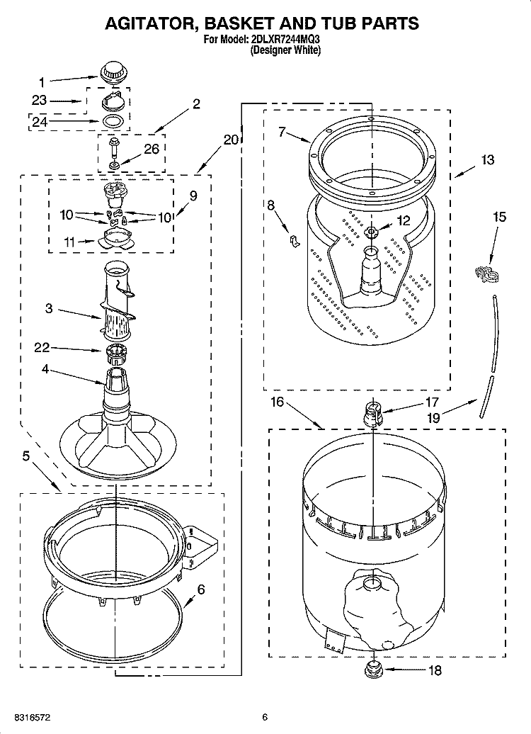 AGITATOR, BASKET AND TUB PARTS Diagram and Parts List for 2DLXR7244MQ3  Whirlpool Washer