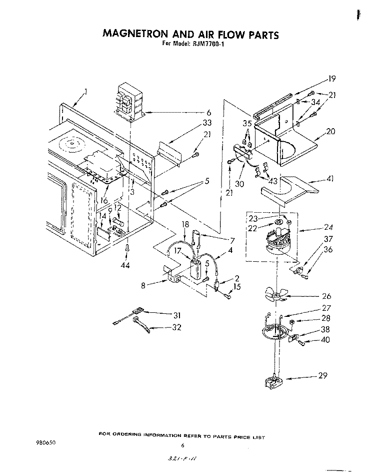 MAGNETRON AND AIR FLOW Diagram and Parts List for RJM77001  Whirlpool Microwave
