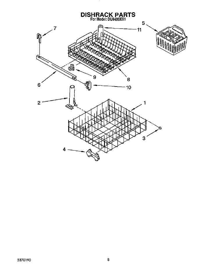 DISHRACK Diagram and Parts List for DU8400XX1  Whirlpool Dishwasher