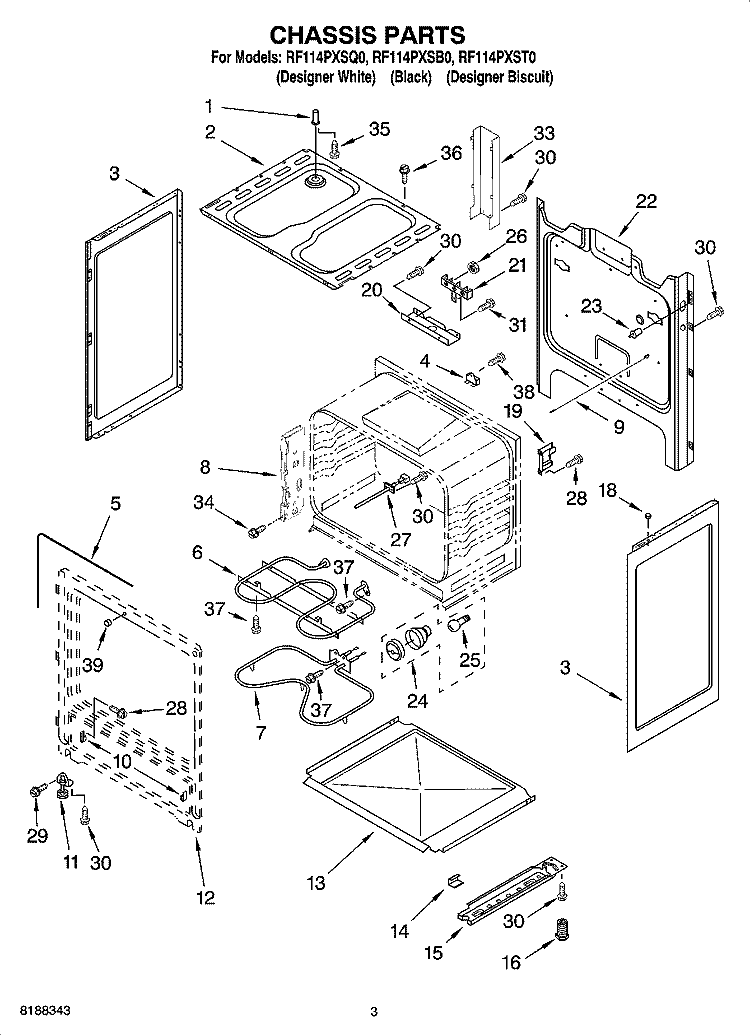CHASSIS PARTS Diagram and Parts List for RF114PXSB0  Whirlpool Range