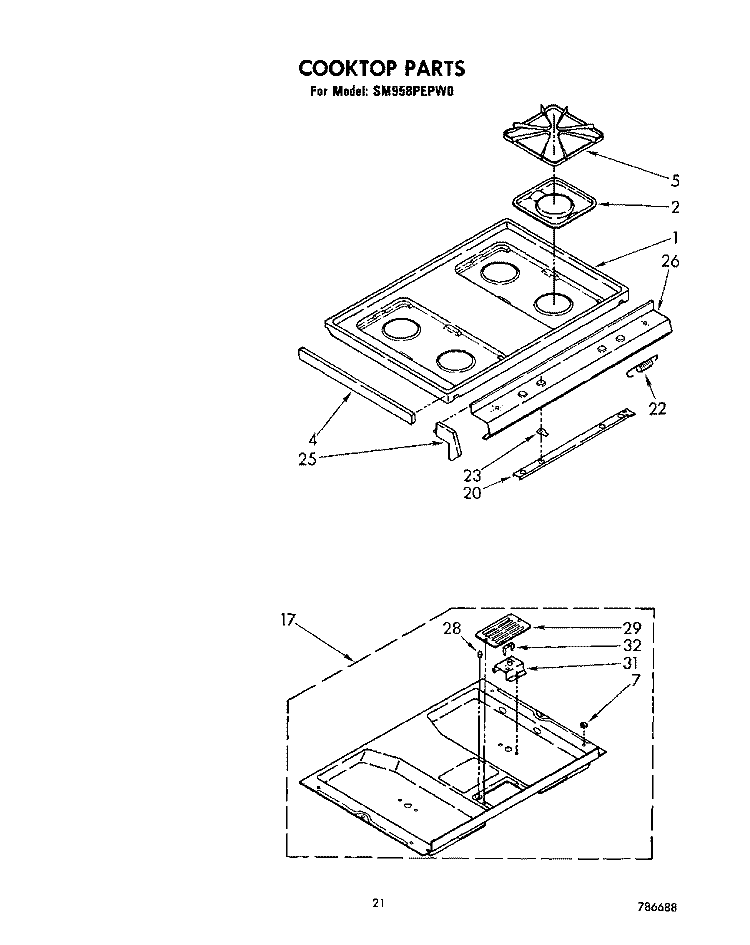 COOKTOP Diagram and Parts List for SM958PEPW0  Whirlpool Range