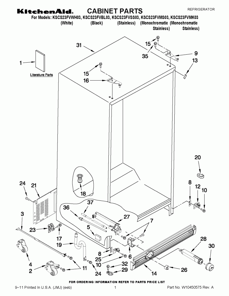 CABINET PARTS Diagram and Parts List for KSCS23FVSS03  KitchenAid Refrigerator