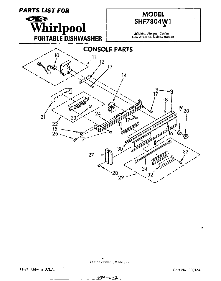 CONSOLE Diagram and Parts List for SHF7804W1  Whirlpool Dishwasher