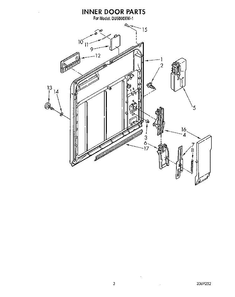 INNER DOOR Diagram and Parts List for DU5000XW1  Whirlpool Dishwasher