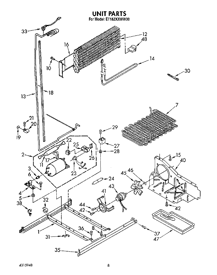 UNIT Diagram and Parts List for ET18ZKXWW00  Whirlpool Refrigerator