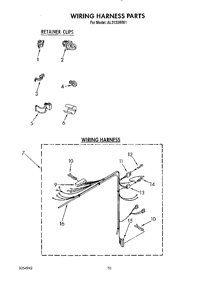 WIRING HARNESS Diagram and Parts List for AL3132WW1  Whirlpool Washer